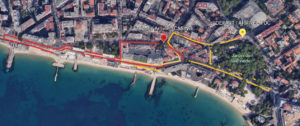 plan de l'itinéraire montrant la promenade du Soleil, la Pinède de Juan les Pins